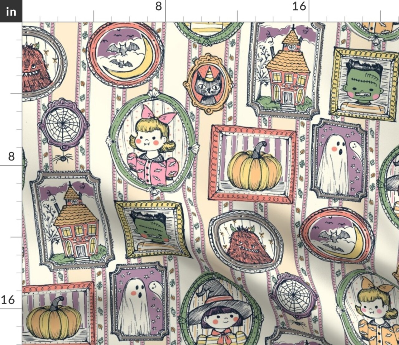 Whimsical Halloween Retro Ghost Monster Witch Pumpkin Haunted House Fall Autumn Portrait Halloween Party Costume Trick Or Treat Retro Halloween Custom Printed Fabric by Spoonflower Various Fabrics by the Yard or Fat Quarter